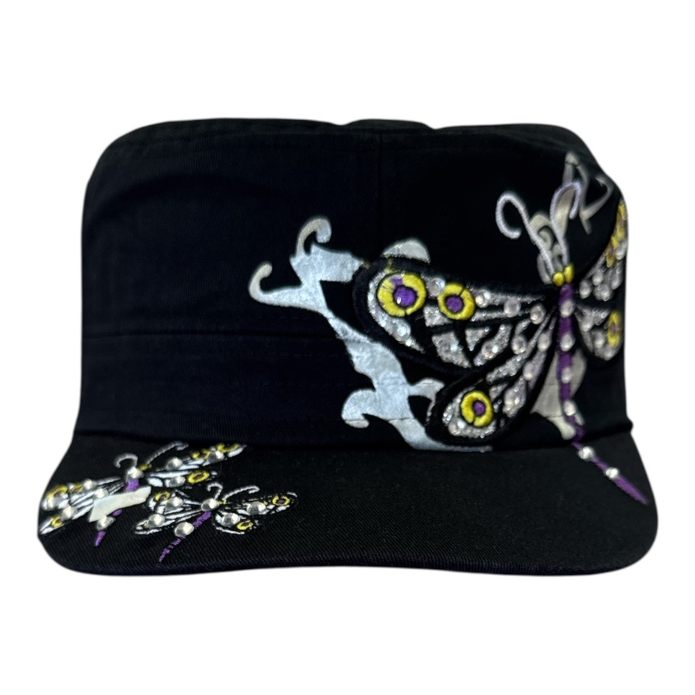 Rhinestone Dragonfly Cap Y2K Bling Black Adjustable Hat